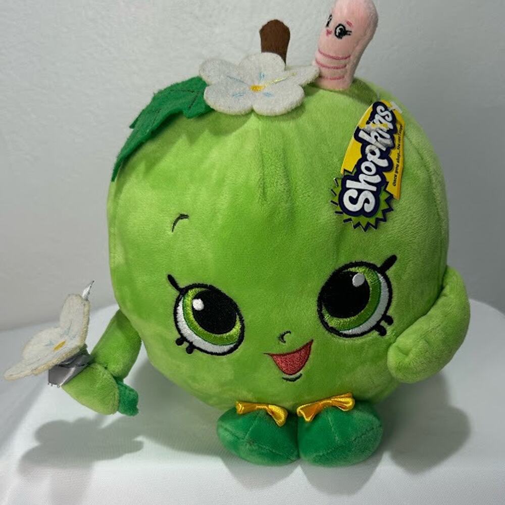 Shopkins Green Plush Stuffed Apple Toy with Worm and Butterfly Bank
